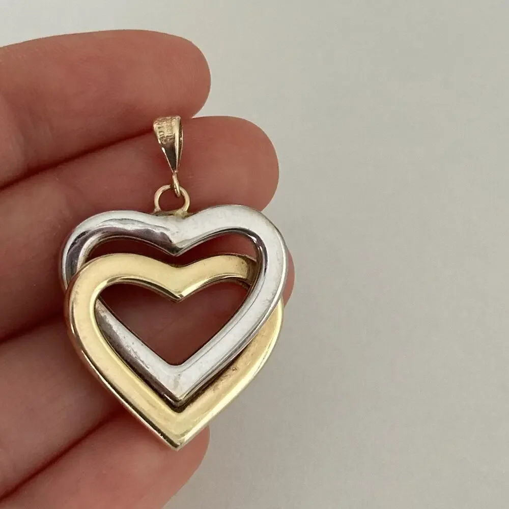 14K Yellow & White Gold Two Tone Double Interlocking Hearts Pendant